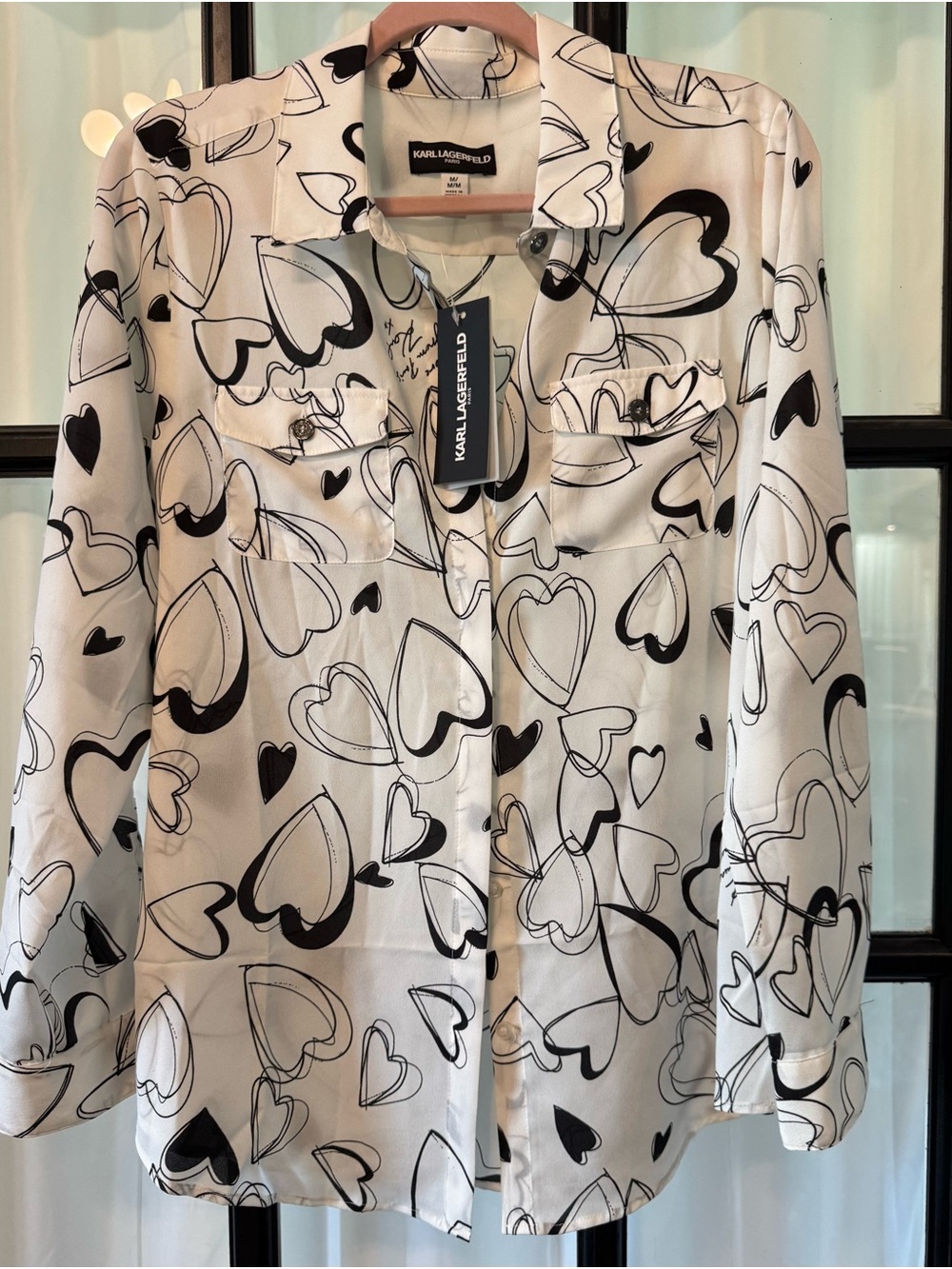 Karl Lagerfeld White Blouse with Black Sketch Heart Print